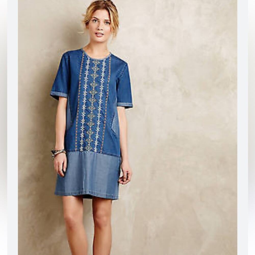 Anthropologie Conditions Apply Embroidered Cotton Denim Dress Tunic Size Small